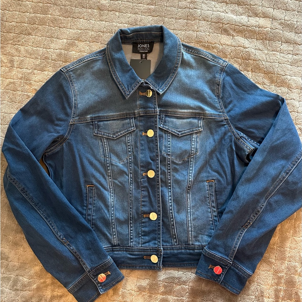 Jones New York Dark Blue Denim Jean Jacket with Gold Buttons